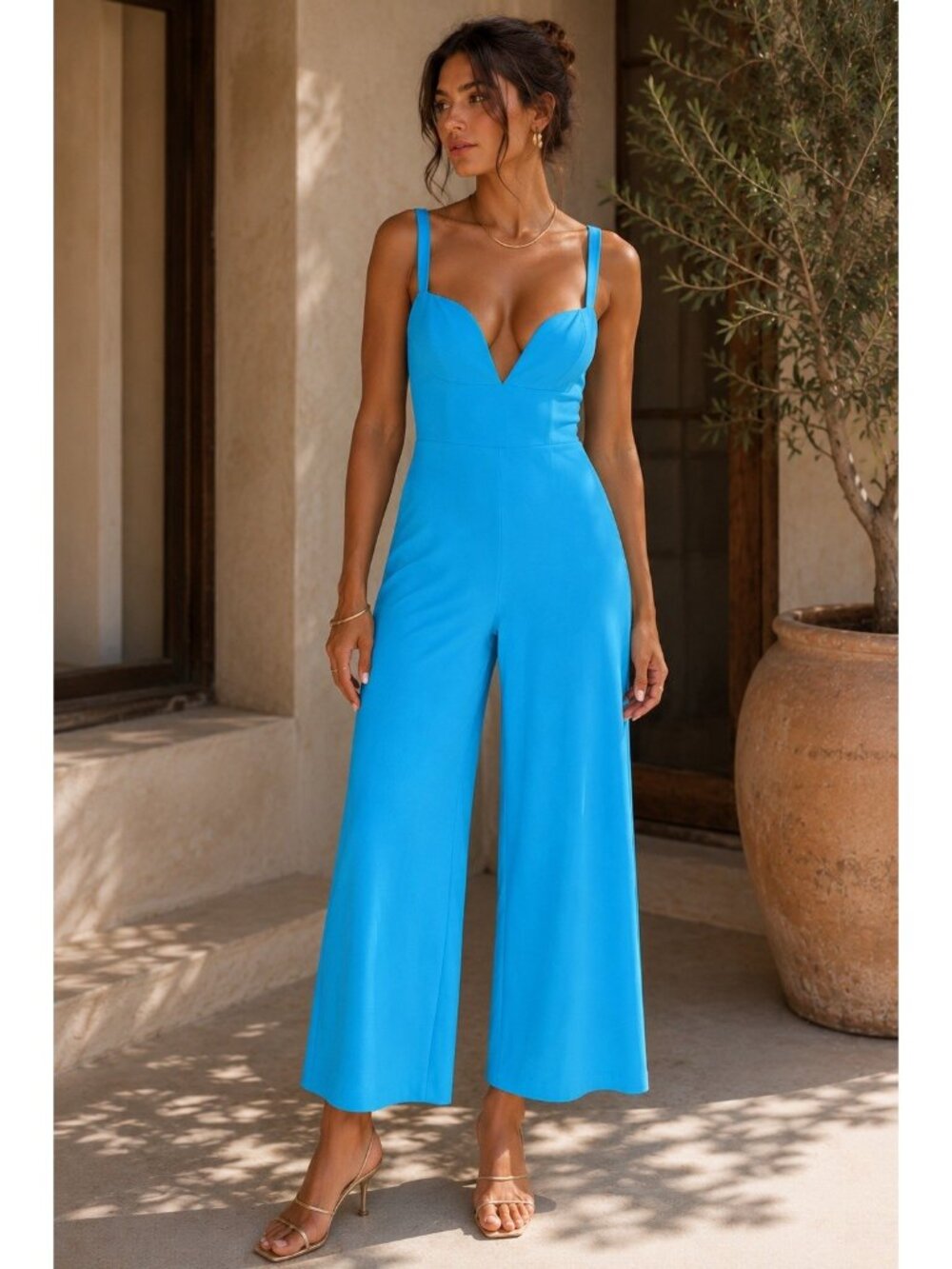 Lulus Brighton Jumpsuit Sz Medium Blue Plunge Wide Leg Resortwear Minimalist